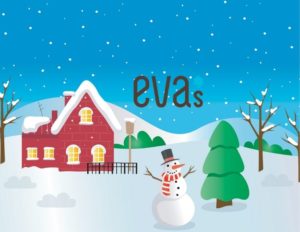 Holiday card with a red house and snowman. Eva's logo is present.