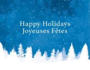 Holiday card with Happy Holidays and Joyeruses Fetes