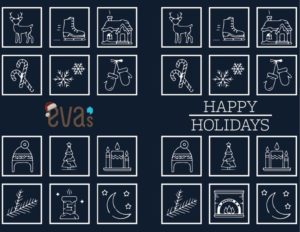 Holiday card with holiday symbols on a blue background with Happy Holidays and Eva's logos